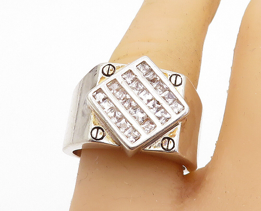 925 Sterling Silver  Vintage Cubic Zirconia Square Screw Band Ring Sz 9 RG6901