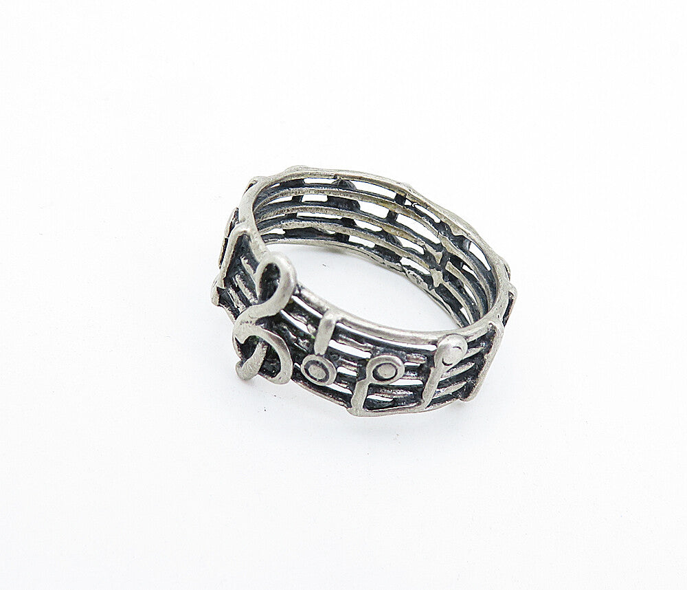 925 Sterling Silver Vintage Treble Clef Music Notes Band Ring Sz 5.5 RG6009
