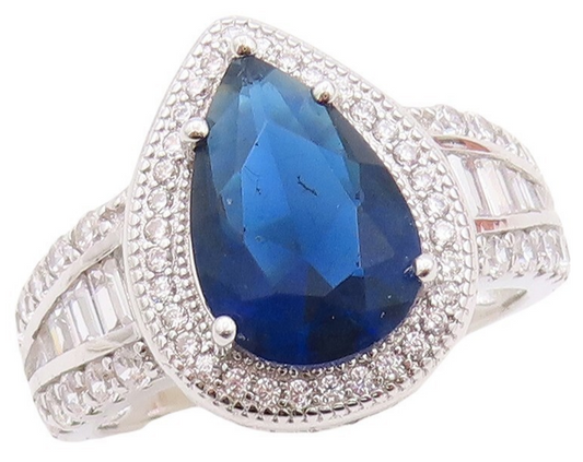 925 Sterling Silver Vintage Ring Drop Cut Sapphire Halo CZ Inlay Sz 7.5  RG30055