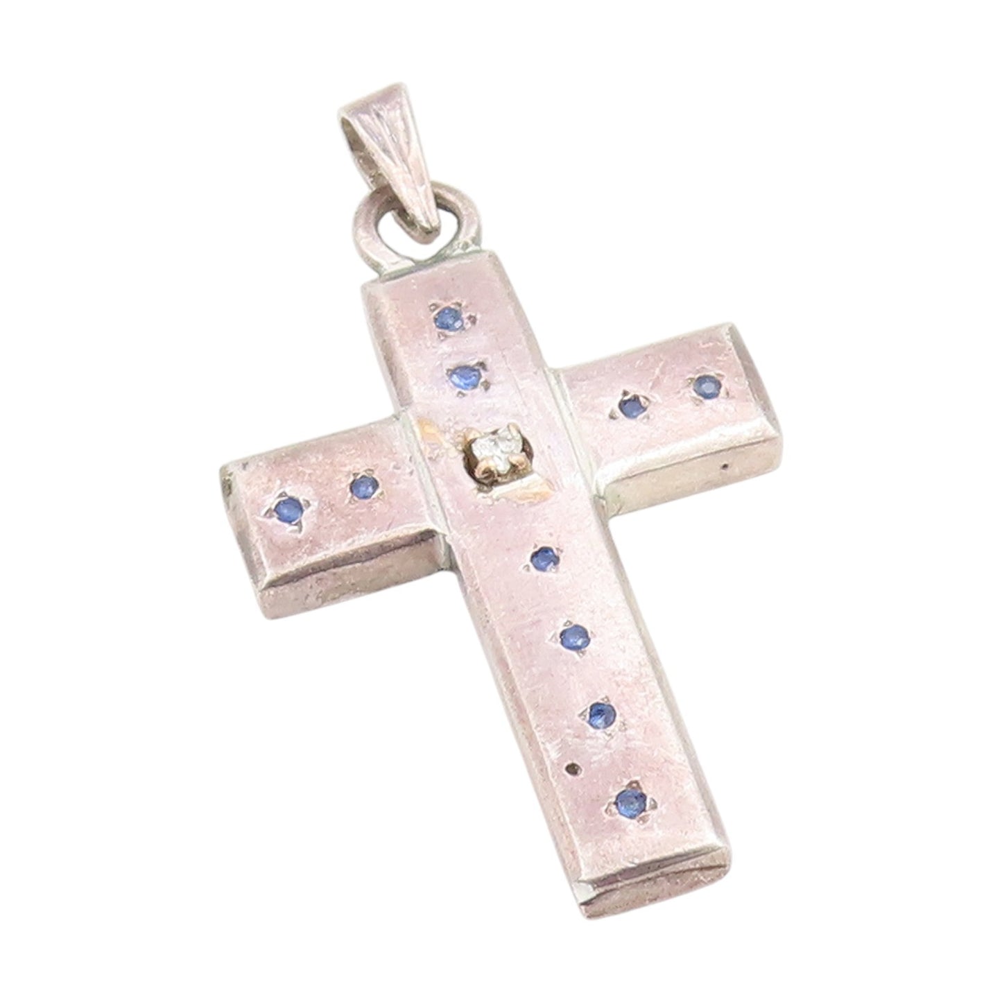 925 Sterling Silver Vintage Pendant Real Diamond & Sapphire Holy Cross  PT25878