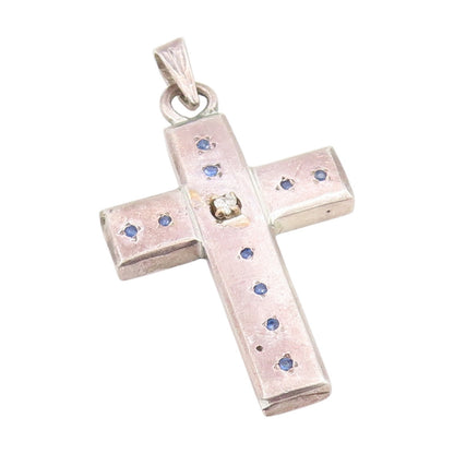 925 Sterling Silver Vintage Pendant Real Diamond & Sapphire Holy Cross  PT25878