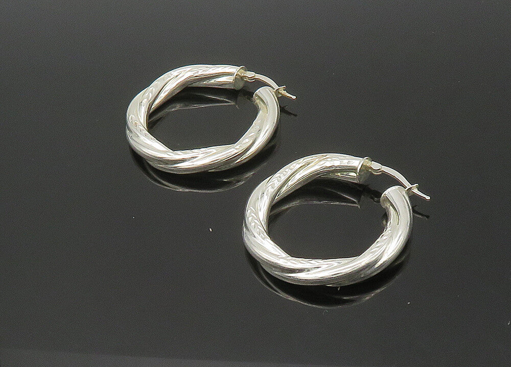 925 Sterling Silver  Vintage Shiny Etched Hollow Twist Hoop Earrings  EG11042