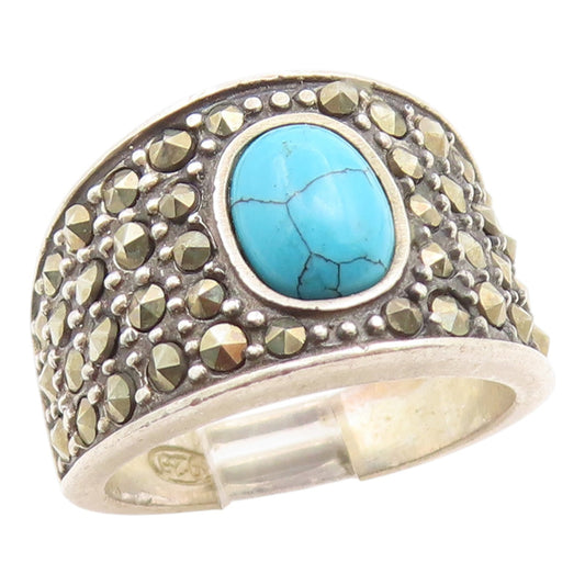 925 Sterling Silver Vintage Ring Classic Turquoise & Marcasite Band Sz 7 RG35966