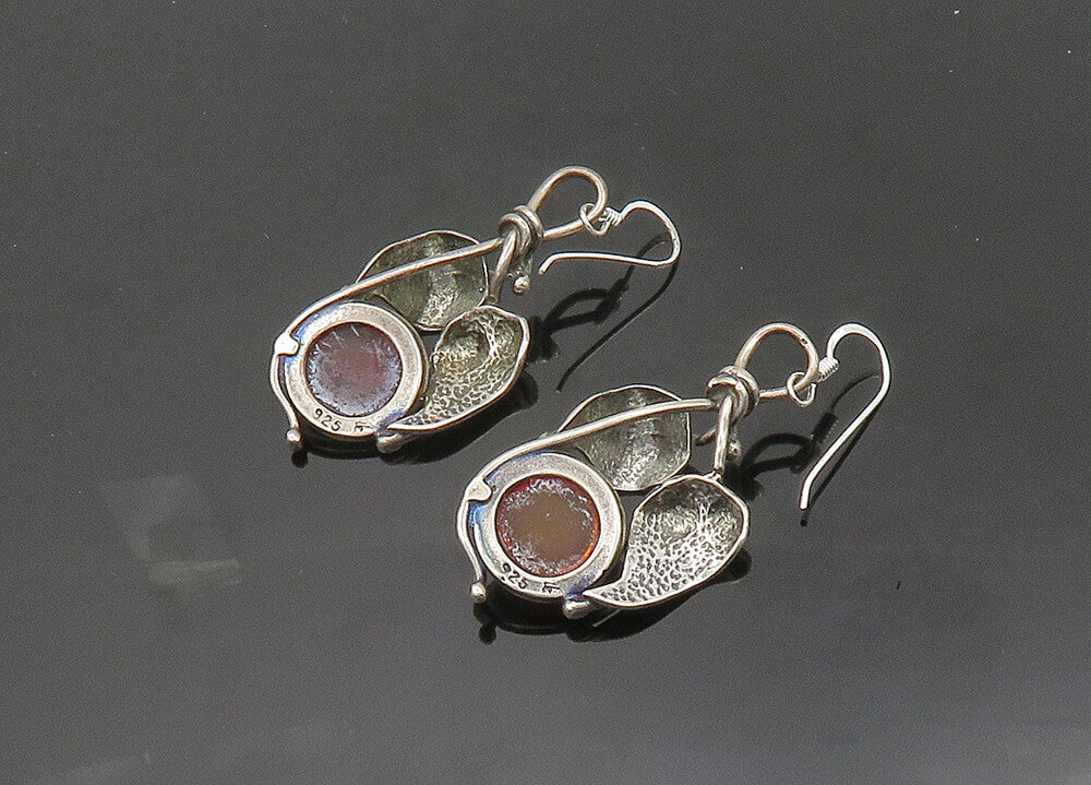 925 Sterling Silver  Vintage Cabochon Amber Floral Leaf Drop Earrings  EG9919