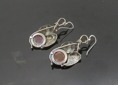 925 Sterling Silver  Vintage Cabochon Amber Floral Leaf Drop Earrings  EG9919