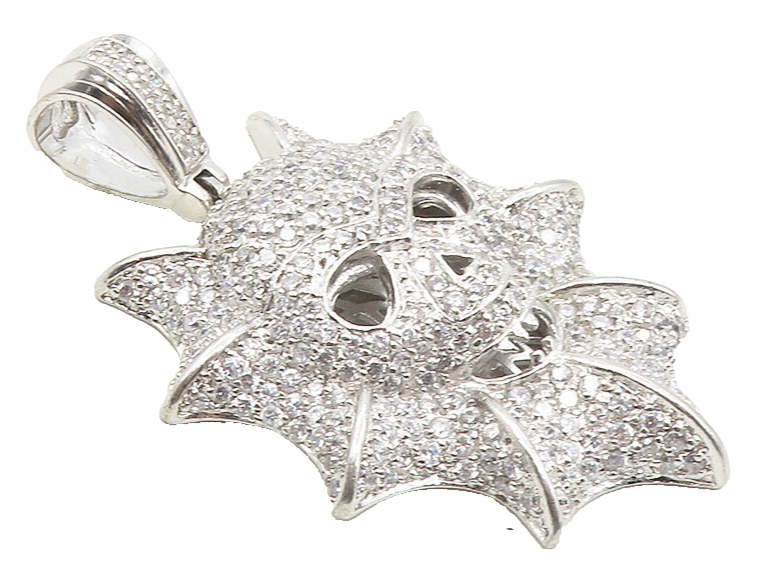 925 Sterling Silver  Shiny Cubic Zirconia Encrusted Skull Head Pendant  PT7740
