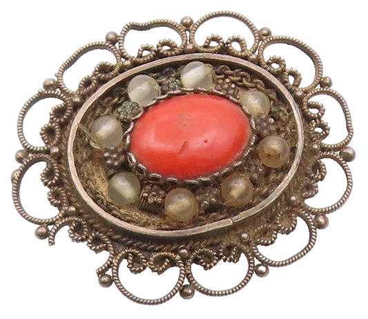 ISRAEL 925 Silver  Vintage Antique Coral & Beads Floral Brooch Pin  BP9606