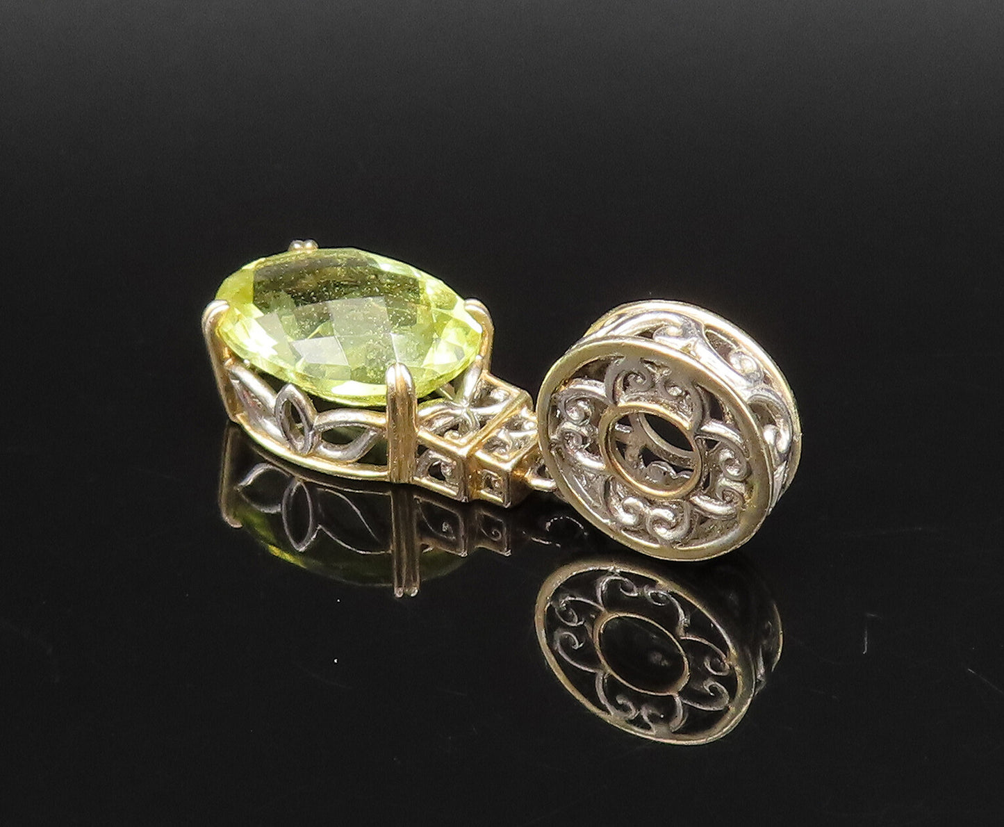 925 Sterling Silver  Vintage Swirl Cutout Yellow Topaz Floral Pendant  PT21861
