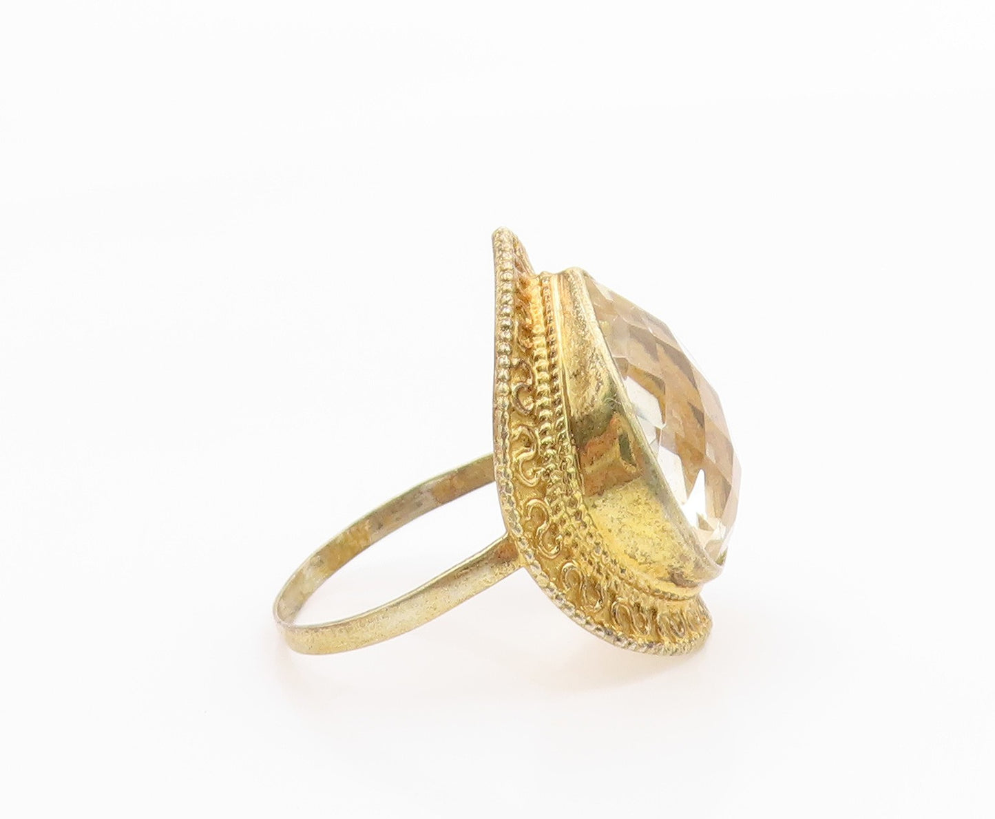 925 Sterling Silver Vintage Ring Gold Plated Faceted Quartz Band Sz 8.5 RG36079
