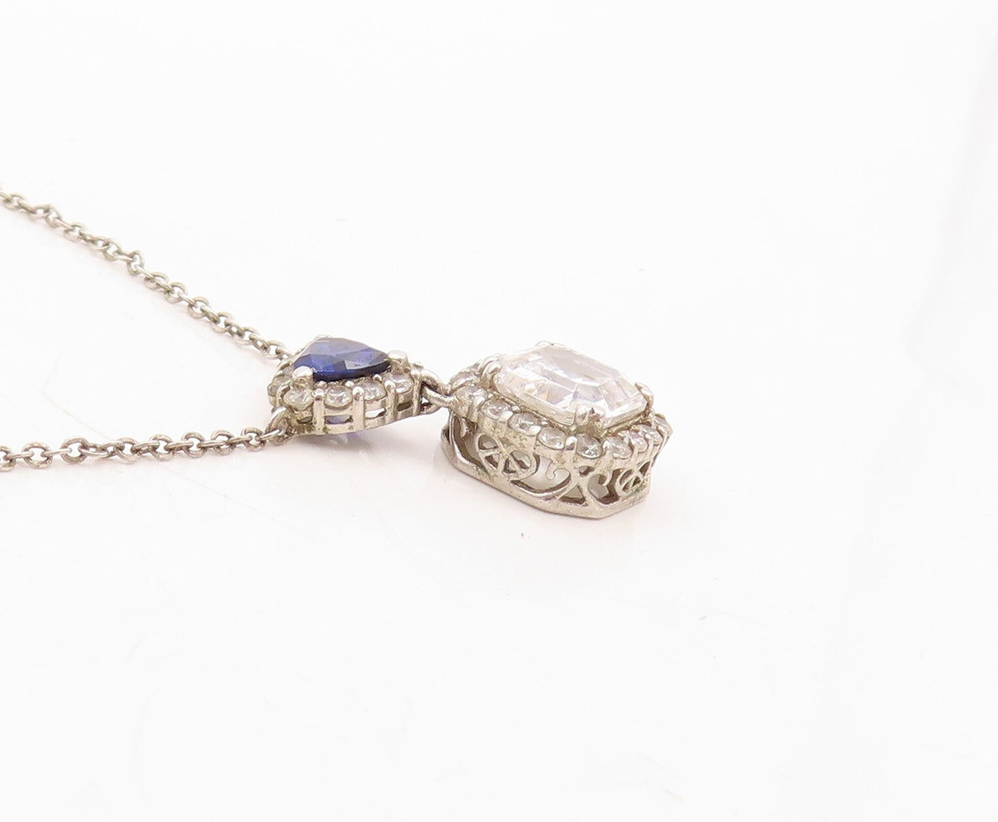 925 Sterling Silver Vintage Necklace Square Topaz & Triangle Sapphire  NE4378
