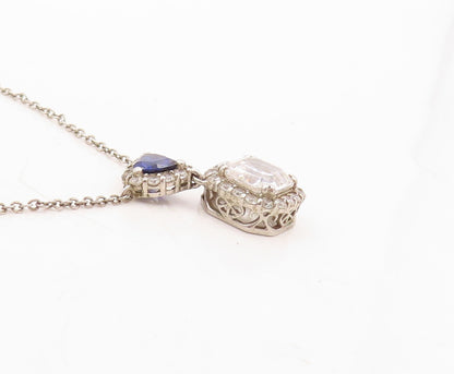 925 Sterling Silver Vintage Necklace Square Topaz & Triangle Sapphire  NE4378