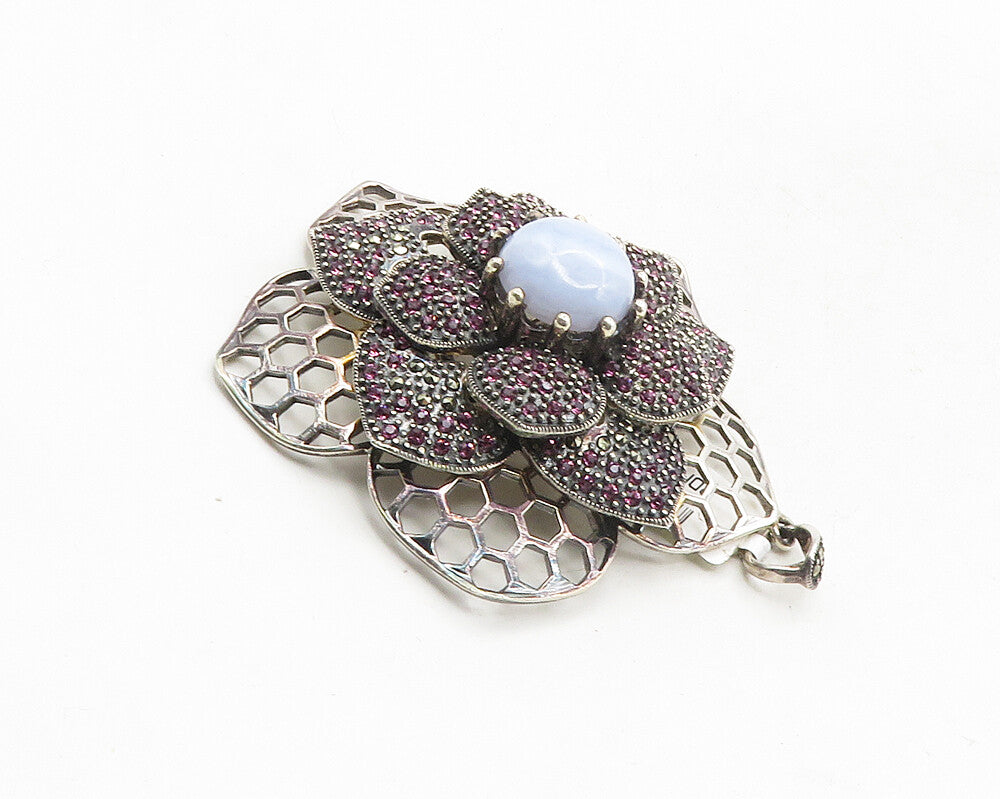925 Sterling Silver  Vintage Blue Agate & Pink Topaz Flower Pendant  PT7833