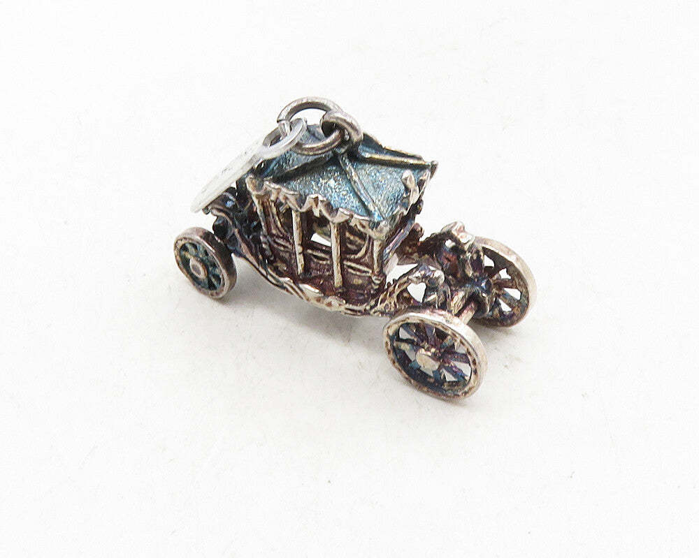 925 Sterling Silver  Vintage Dark Tone Old Fashioned Carriage Pendant  PT7895
