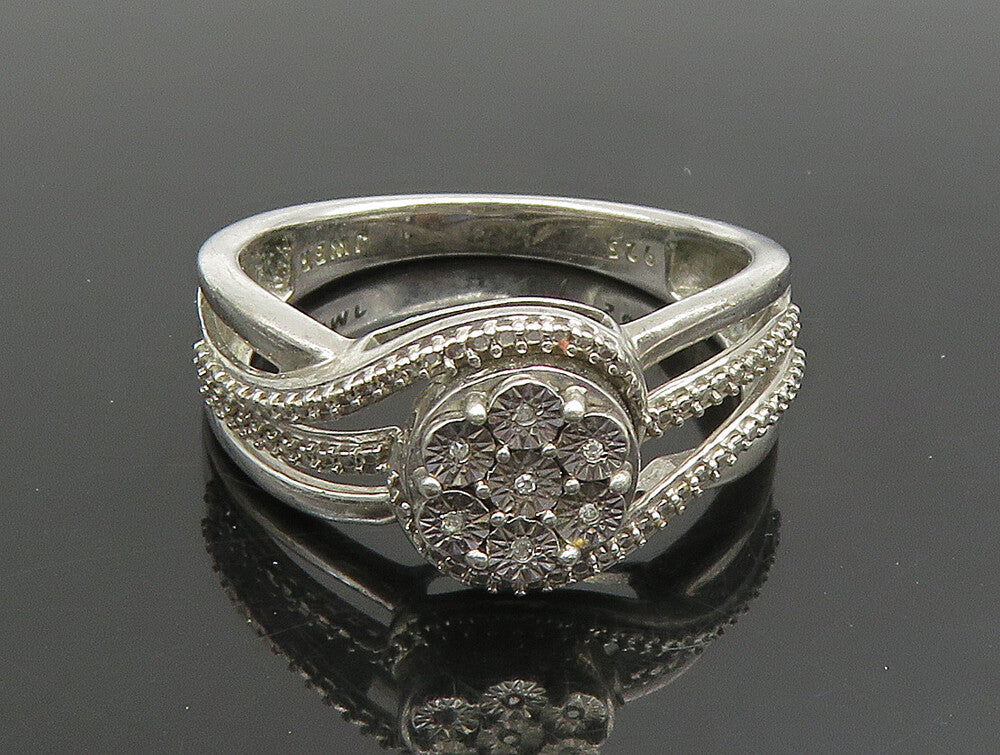 925 Silver  Vintage Floral Genuine Diamonds Multi Row Swirl Ring Sz 7  RG25158