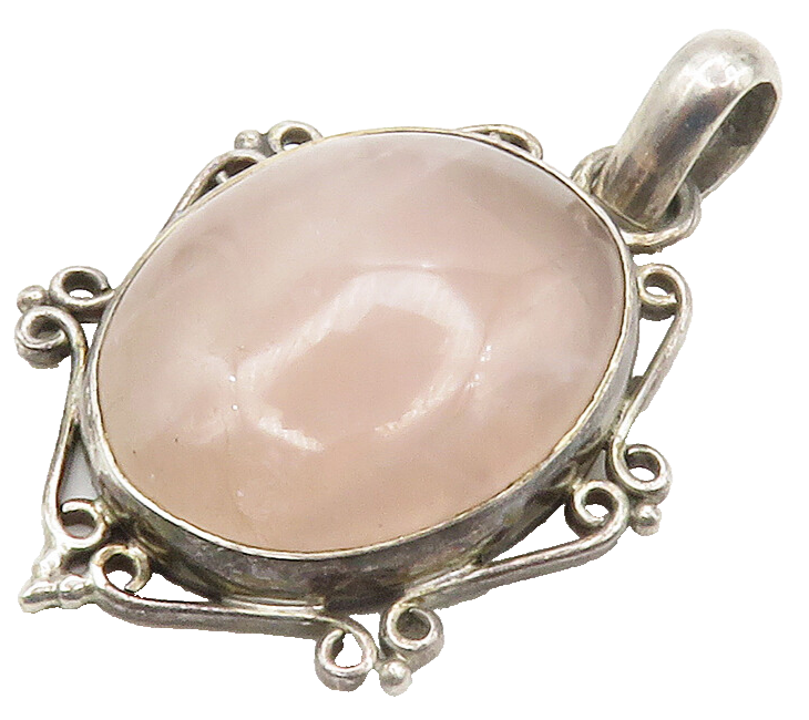 925 Sterling Silver  Vintage Cabochon Cut Rose Quartz Swirl Pendant  PT11730