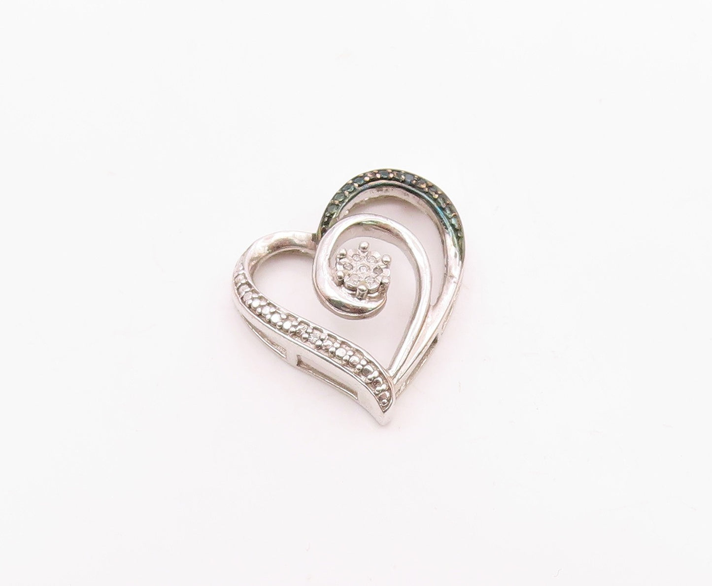 925 Sterling Silver Vintage Genuine Diamonds Two Tone Heart Pendant PT17762