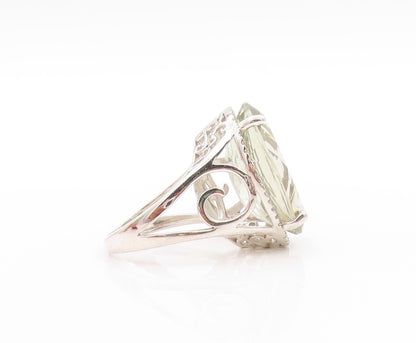 925 Sterling Silver Vintage Ring Oval Green Amethyst Halo Topaz  Sz 7  RG32736