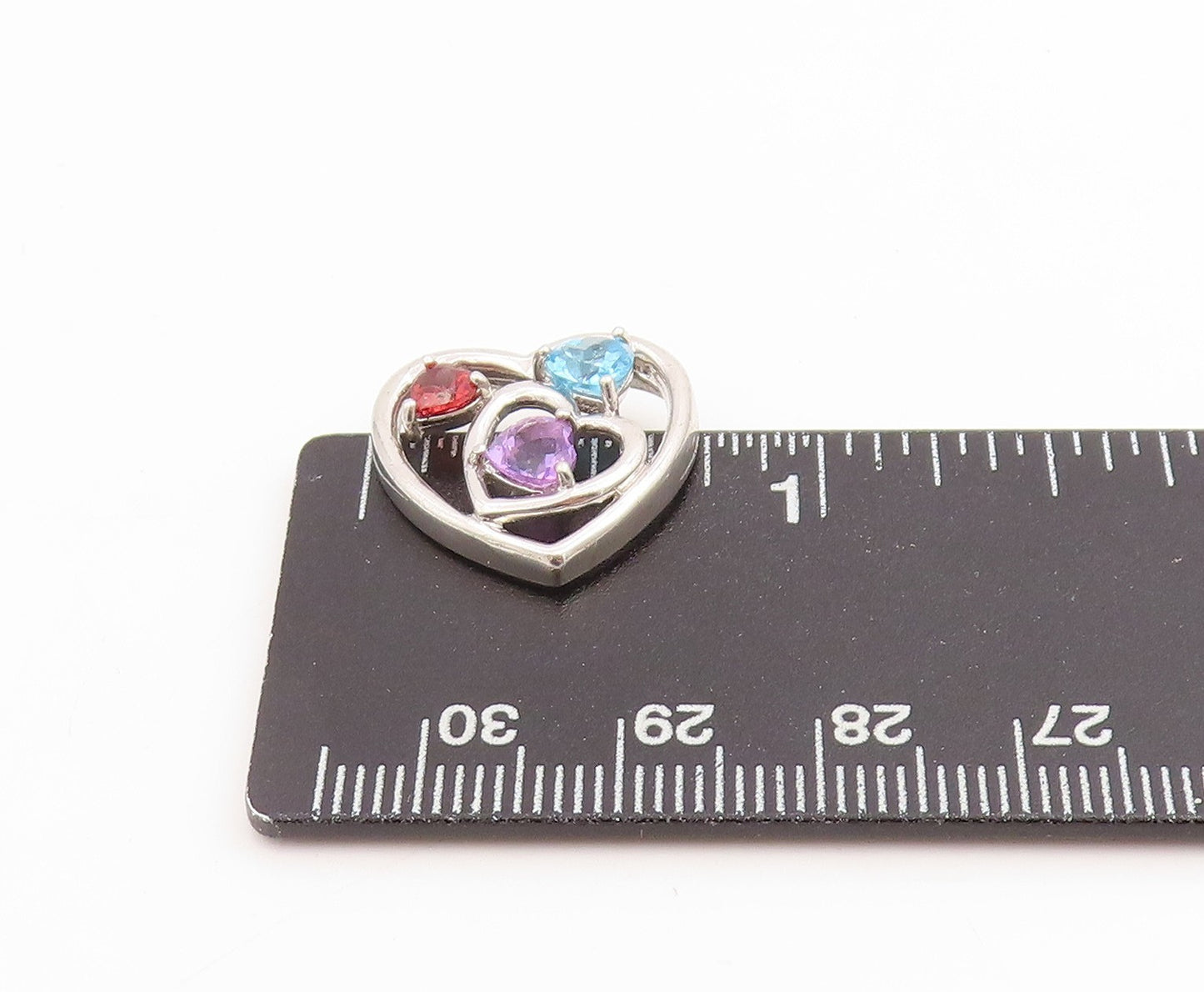 925 Sterling Silver Vintage Pendant Tri Gemstone Dual Love Heart Charm  PT25217
