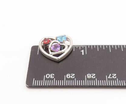 925 Sterling Silver Vintage Pendant Tri Gemstone Dual Love Heart Charm  PT25217