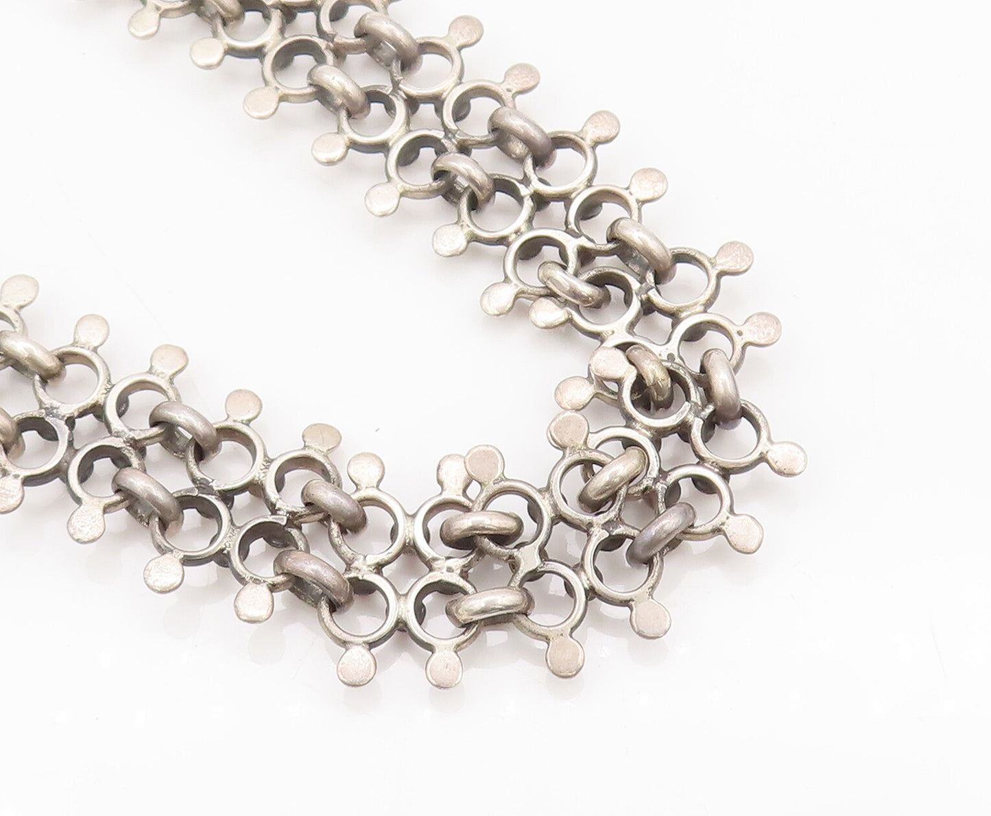 MEXICO 925 Silver  Vintage Beaded Ring Link Double Chain Necklace  NE4052