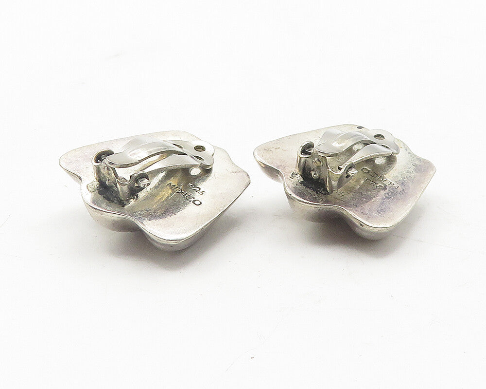 MEXICO 925 Sterling Silver  Vintage Shiny Fluted Non Pierce Earrings  EG6268