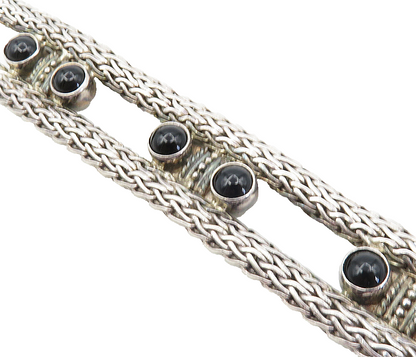 925 Sterling Silver  Vintage Cabochon Black Onyx Wheat Chain Bracelet  BT3994