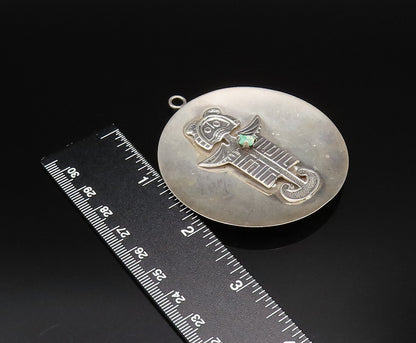 925 Silver  Vintage Carved Figure With Tumbled Jade Disc Pendant  PT21817