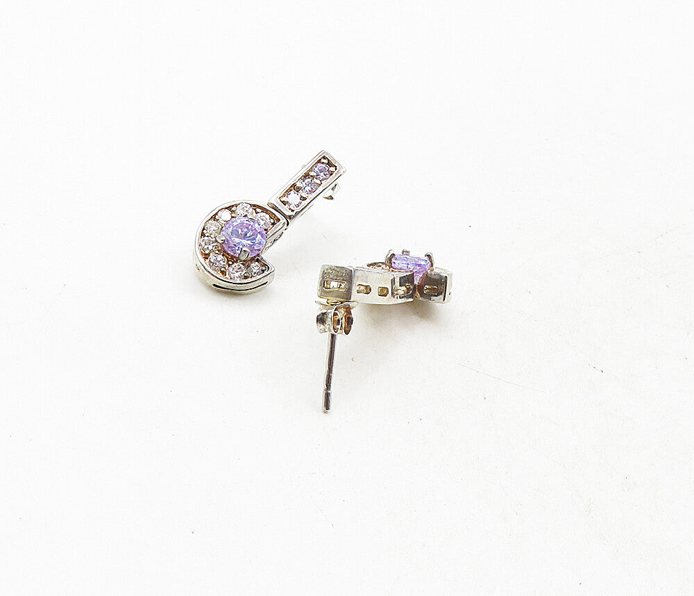 925 Sterling Silver  Vintage Shiny Purple Cubic Zirconia Drop Earrings  EG4846