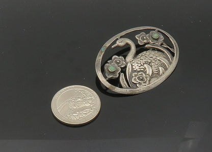 MEXICO 925 Silver  Vintage Antique Turquoise Floral Swan Brooch Pin  BP8148