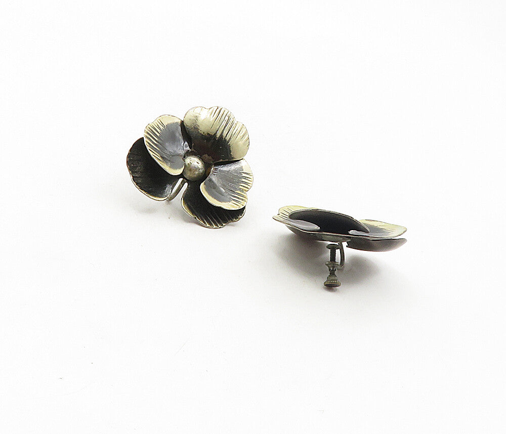 925 Sterling Silver  Vintage Oxidized Flower Motif Non Pierce Earrings  EG4641