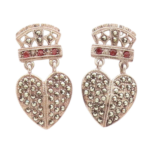 925 Sterling Silver Vintage Earrings CZ Marcasite Crown Dangling Heart  EG13648