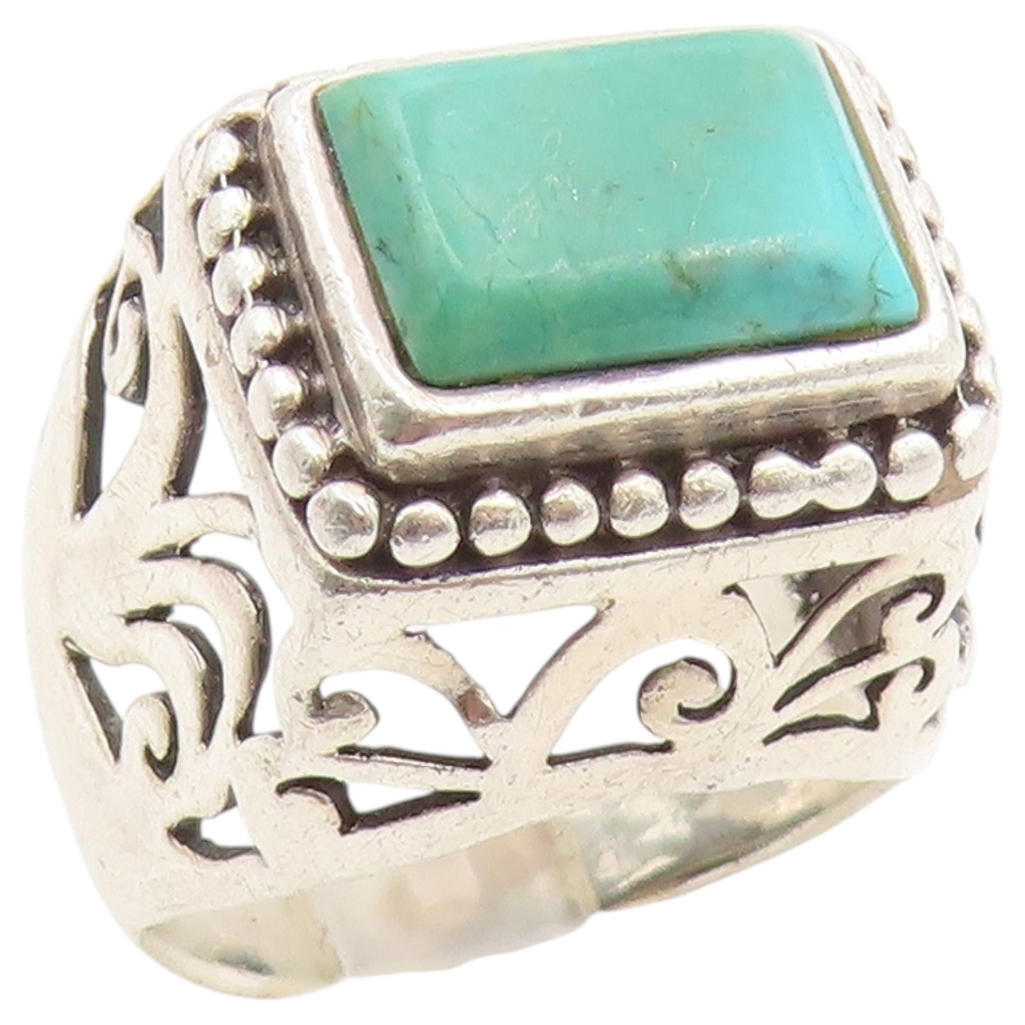 925 Sterling Silver Vintage Ring Turquoise Open Scrollwork Band  Sz 8  RG36633