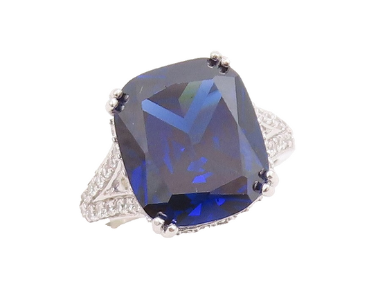 925 Sterling Silver Vintage Ring Rectangle Cutout Sapphire & CZ  Sz 7  RG30993