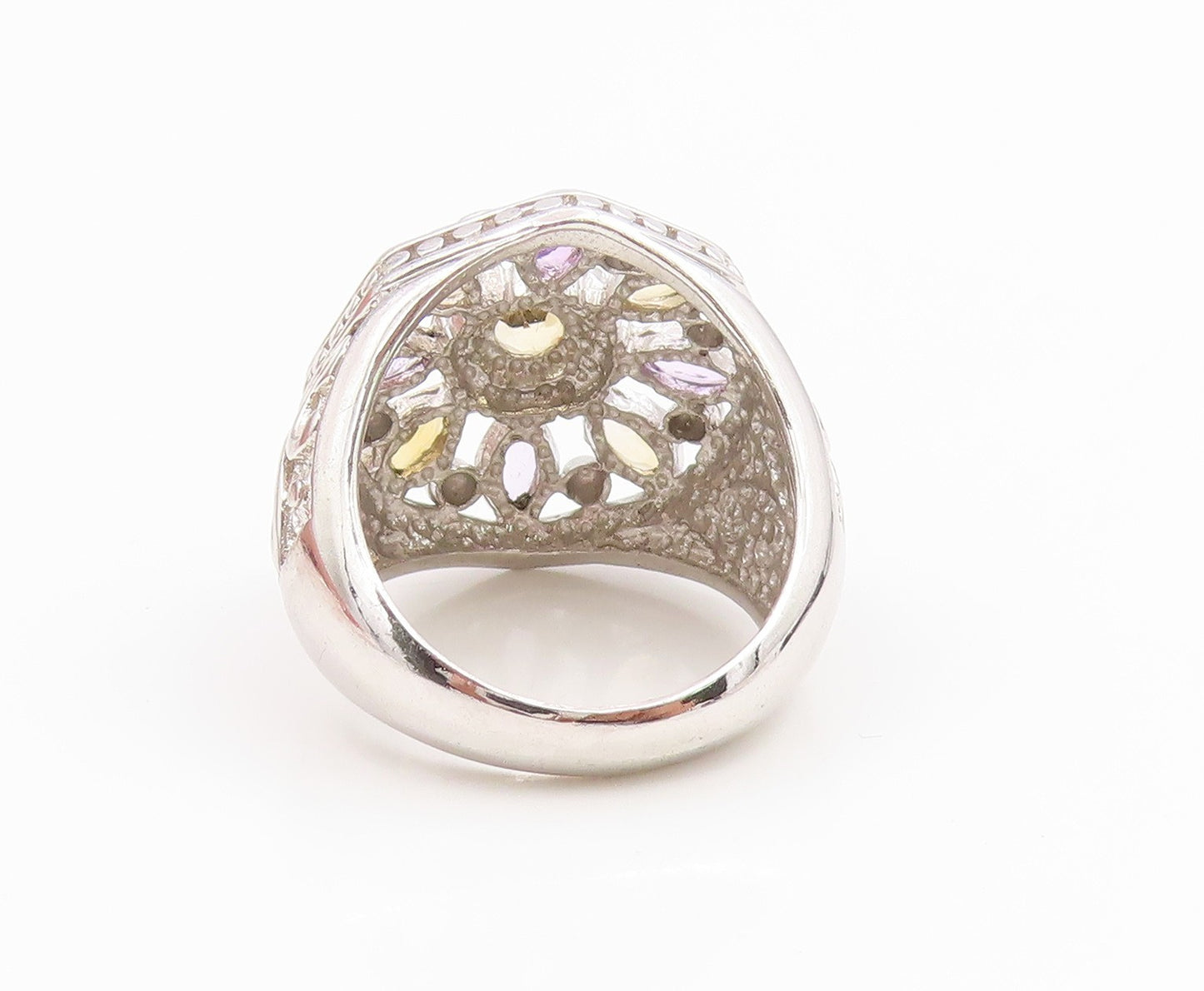 925 Sterling Silver Vintage Ring Amethyst & Citrine Floral Band  Sz 8.5  RG36069