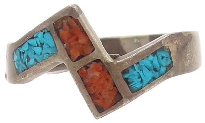 925 Silver Vintage Ring Southwestern Design Inlay Crushed Turquoise Sz 6 RG27551