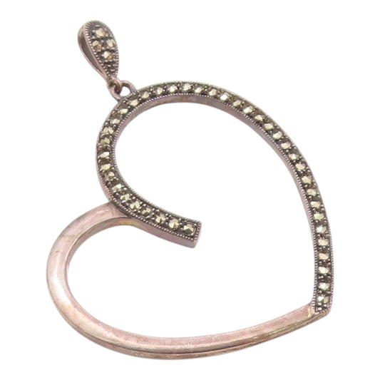 925 Sterling Silver  Vintage Marcasite Open Love Heart Drop Pendant  PT17844