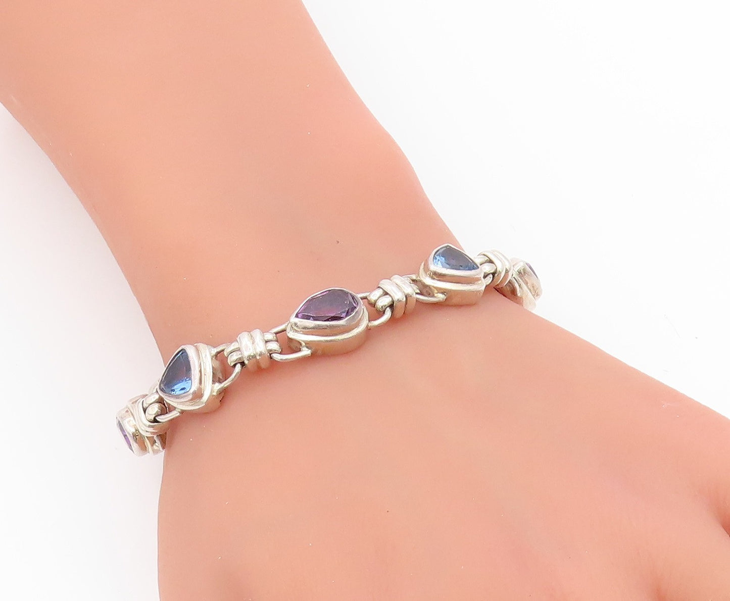 925 Sterling Silver Vintage Bracelet Amethyst & Blue Topaz Link Chain  BT11465