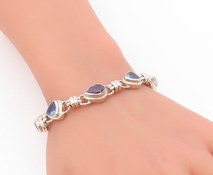 925 Sterling Silver Vintage Bracelet Amethyst & Blue Topaz Link Chain  BT11465