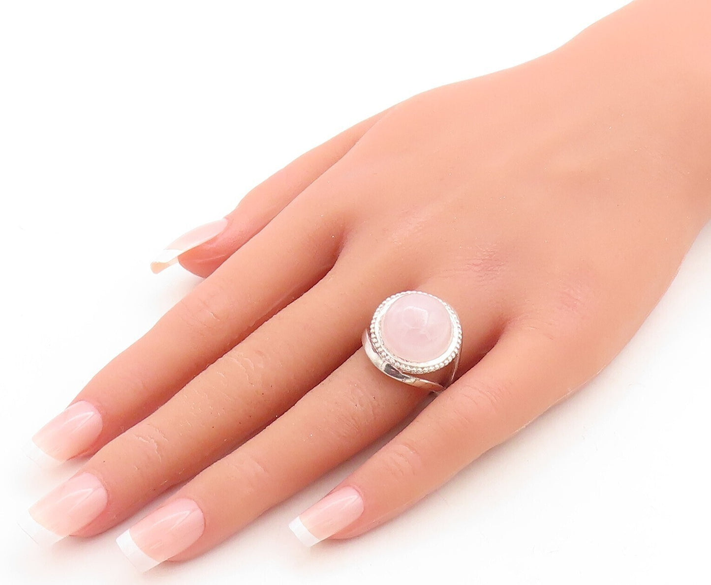 925 Sterling Silver Vintage Ring Cabochon Gemstone Halo Carved  Sz 7  RG31187