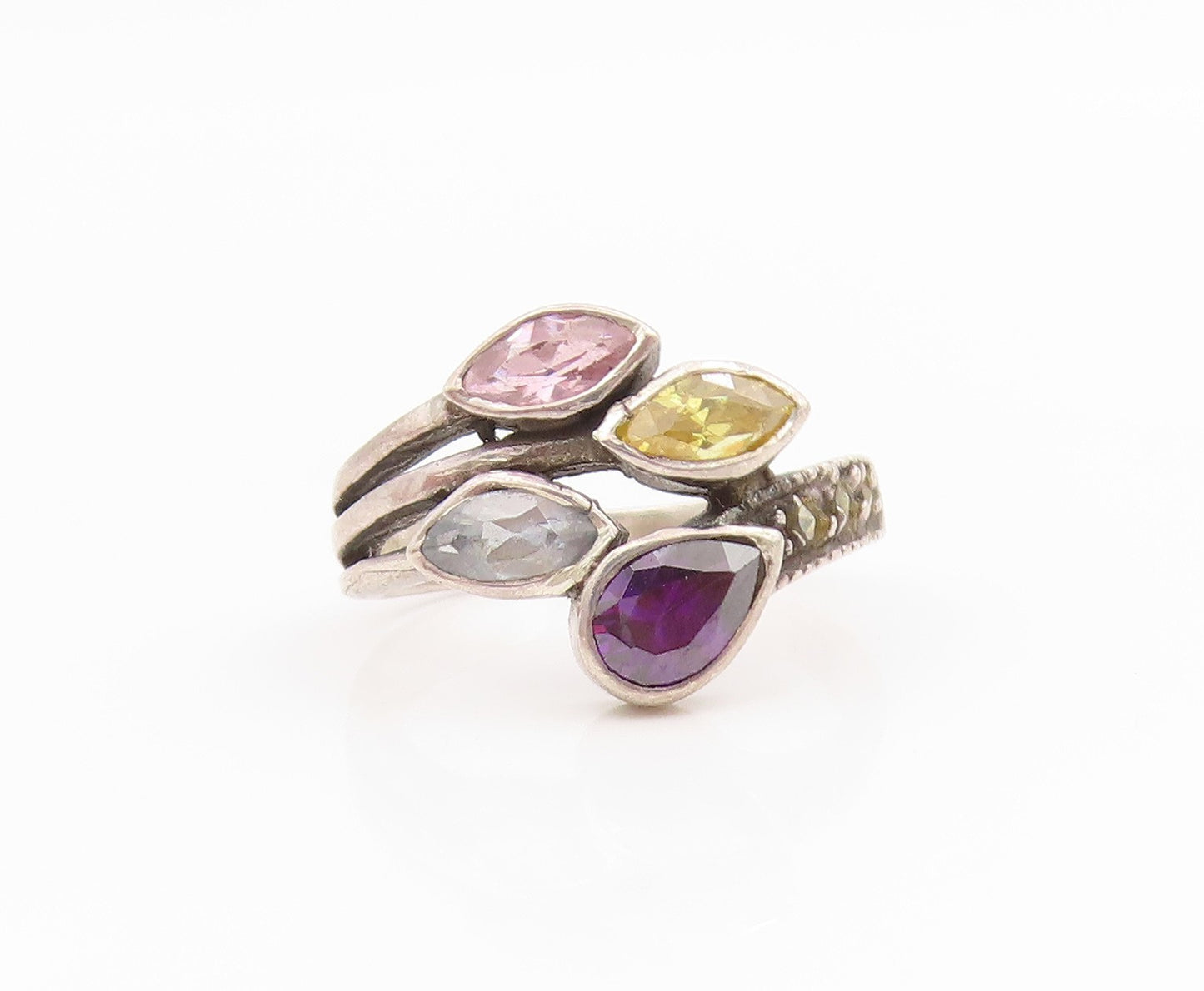 925 Sterling Silver Vintage Ring Multi Gemstone Statement Band  Sz 6  RG34520