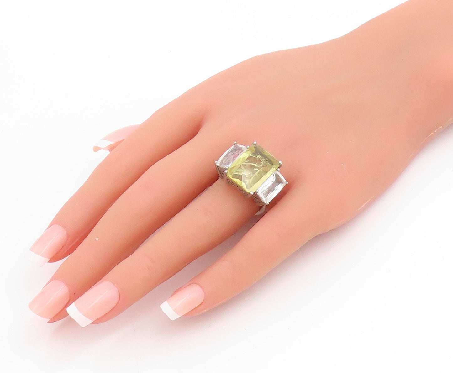 925 Sterling Silver Vintage Ring Real Quartz Large Statement Band  Sz 7  RG34827