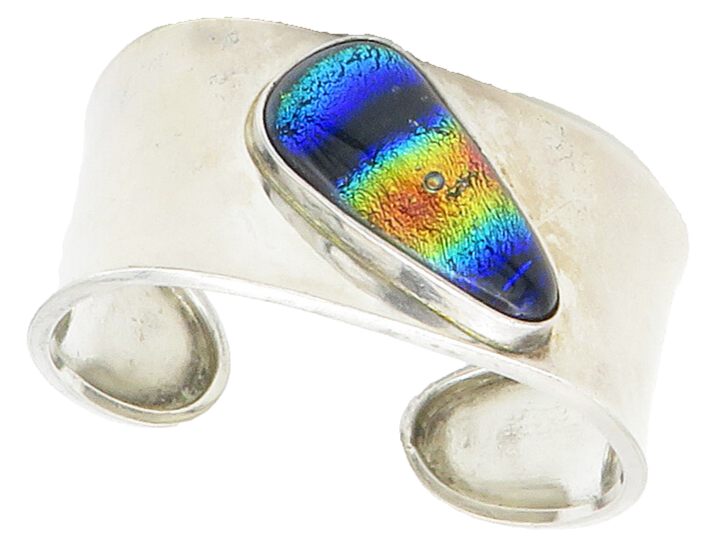 925 Sterling Silver  Vintage Dichroic Glass Shiny Smooth Cuff Bracelet  BT5937