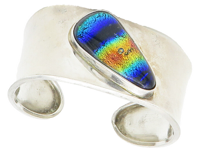 925 Sterling Silver  Vintage Dichroic Glass Shiny Smooth Cuff Bracelet  BT5937