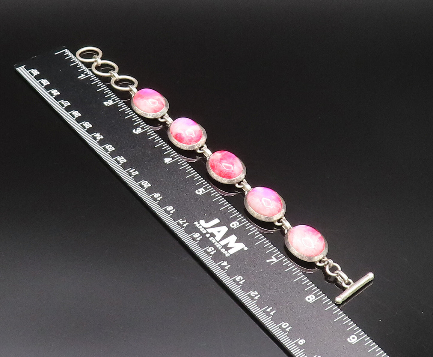 925 Silver  Vintage Unique Cabochon Pink Moonstone Chain Bracelet  BT9763