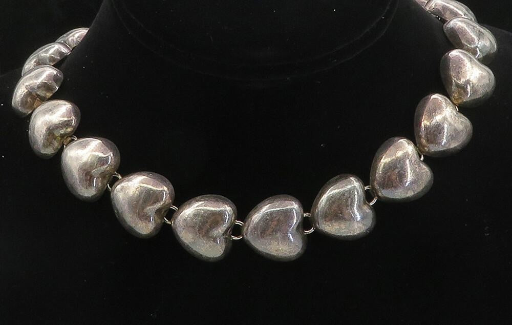 925 Sterling Silver  Vintage Dark Tone Love Heart Link Chain Necklace  NE1632