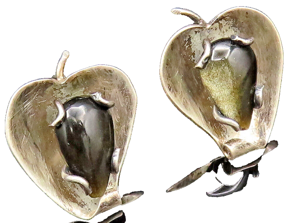 MEXICO 925 Silver  Vintage Modernist Obsidian Screw Back Earrings  EG12143