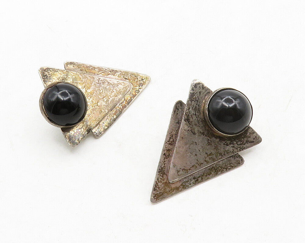 925 Sterling Silver  Vintage Cabochon Cut Black Onyx Drop Earrings  EG6639
