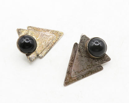 925 Sterling Silver  Vintage Cabochon Cut Black Onyx Drop Earrings  EG6639