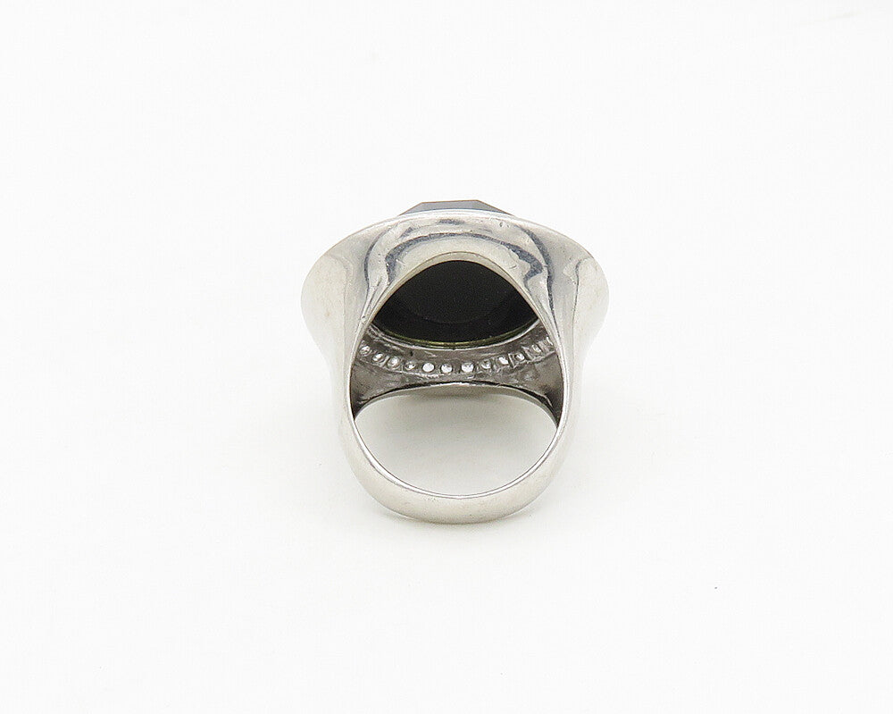 925 Sterling Silver  Hematite Dome & Cubic Zirconia Cocktail Ring Sz 8 RG17634