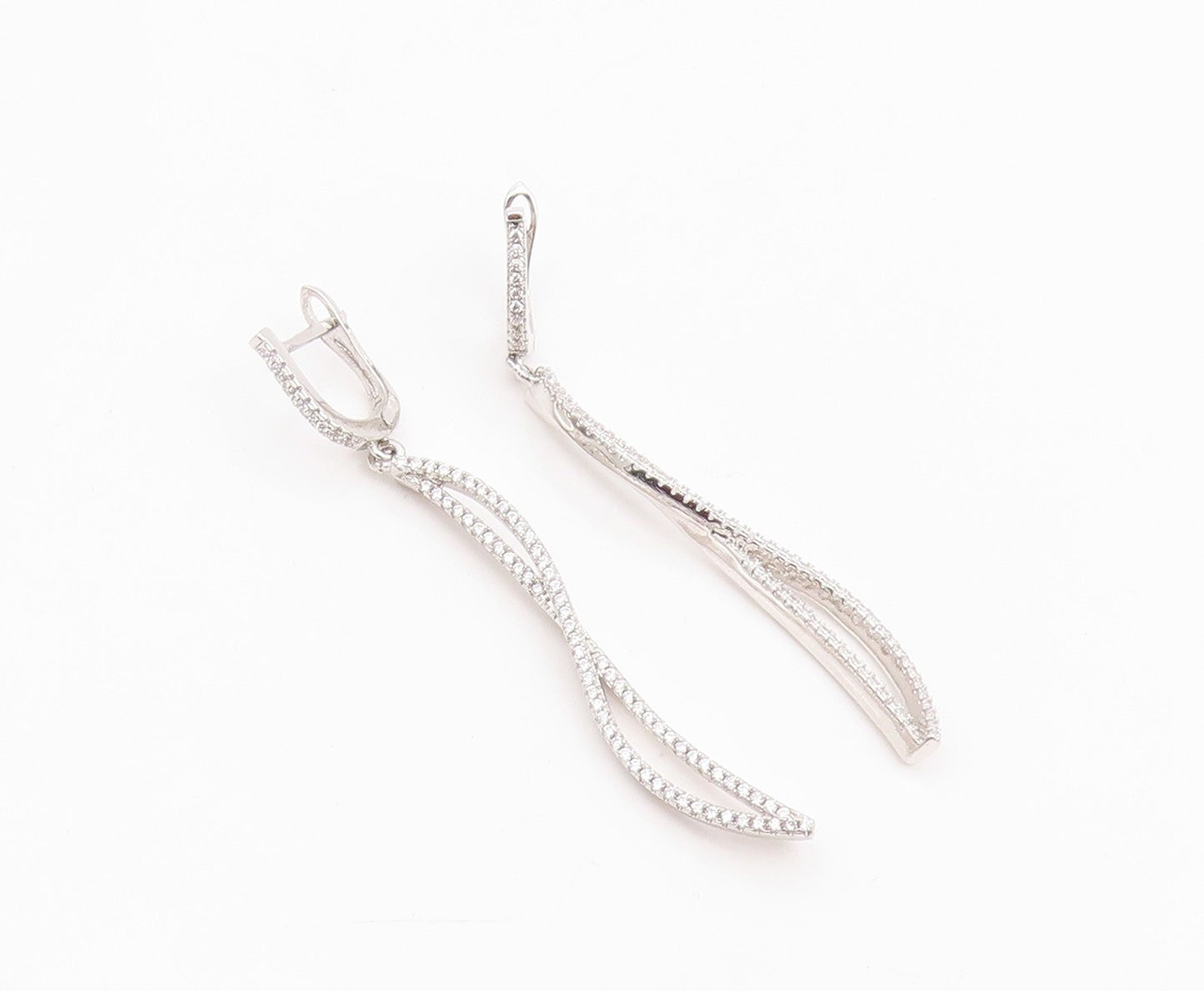 925 Sterling Silver Vintage Earrings CZ Pave Modernist Twisted Dangle  EG14228